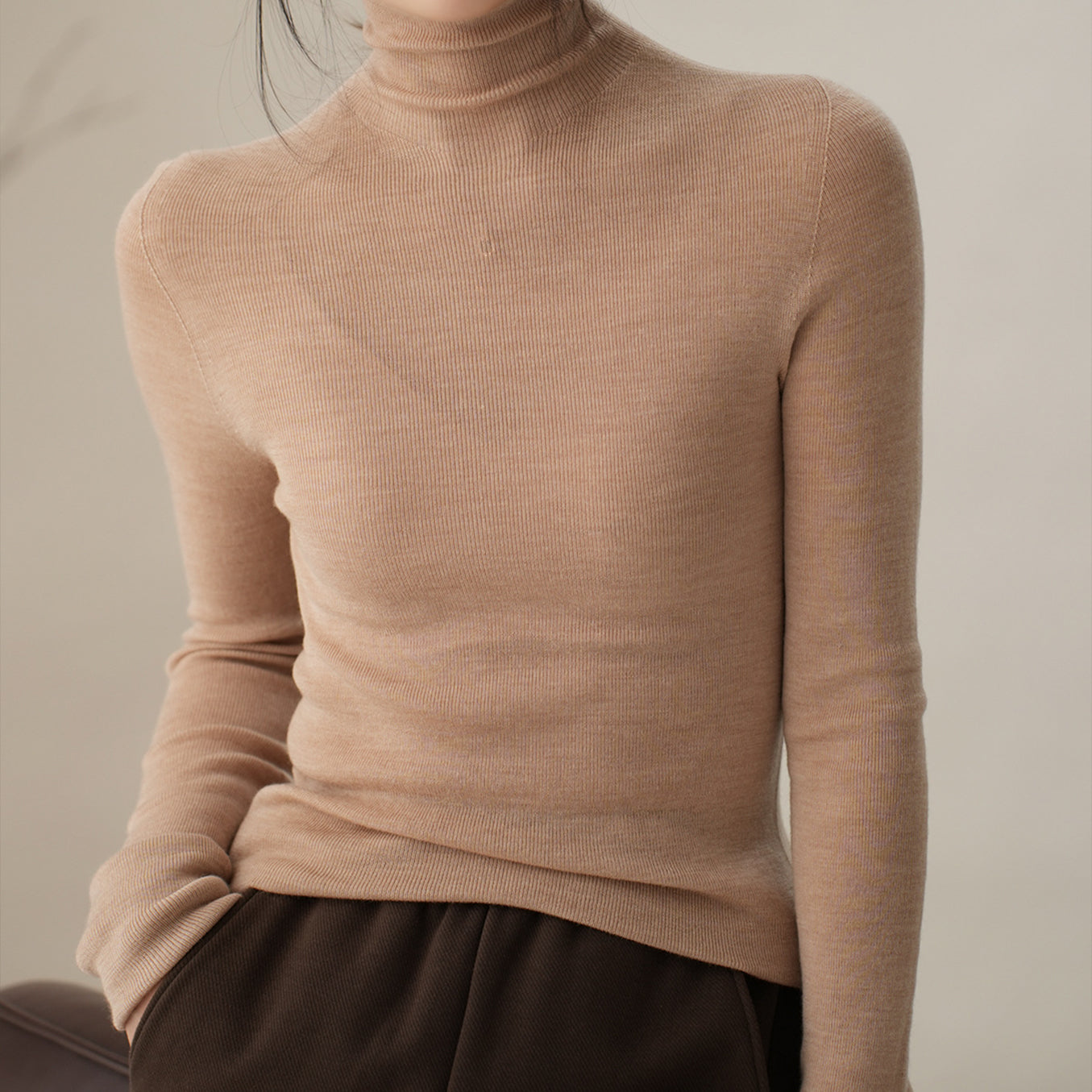 Solid Color High Neck Long Sleeve Knit Top