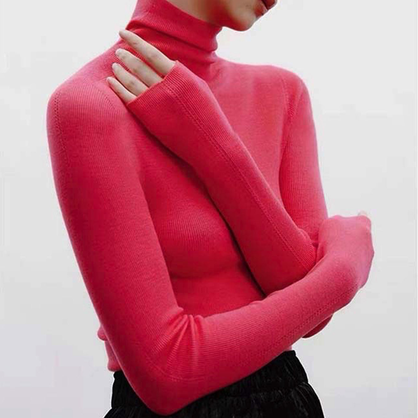 Solid Color High Neck Long Sleeve Knit Top