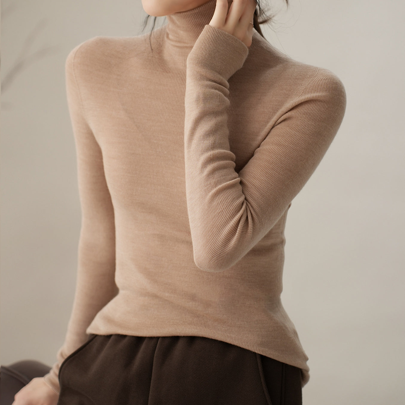 Solid Color High Neck Long Sleeve Knit Top