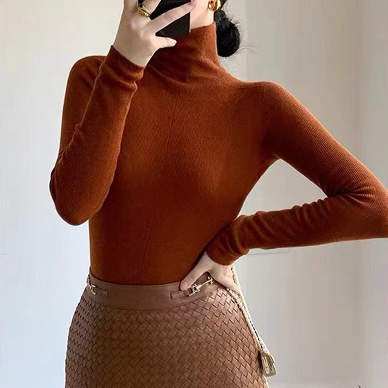 Solid Color High Neck Long Sleeve Knit Top