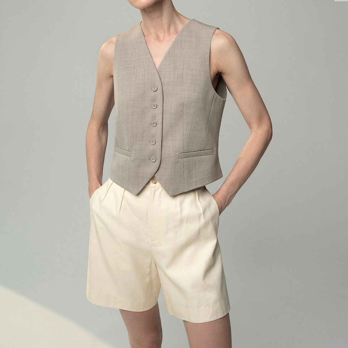 Solid Color V-Neck Sleeveless Cardigan Suit Vest