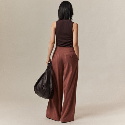 Solid Color Pocket Raw Edge Straight Leg Wide Leg Pants