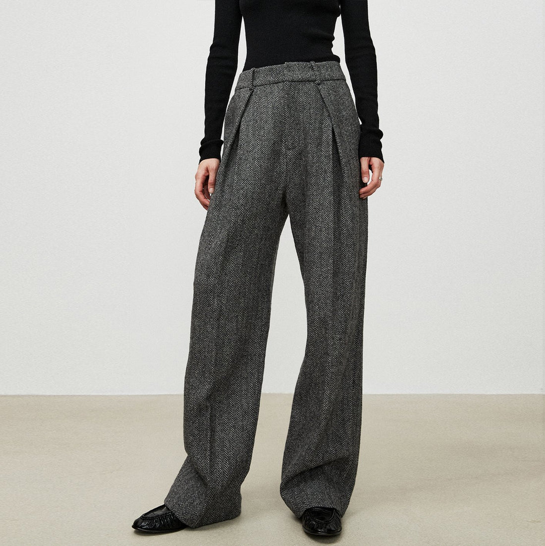 Herringbone High Waisted Wide Leg Pocket Straight Leg Pants