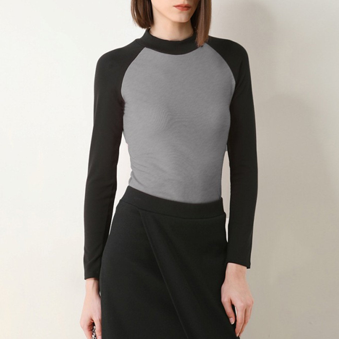 Half High Neck Color Block Long Sleeve Top