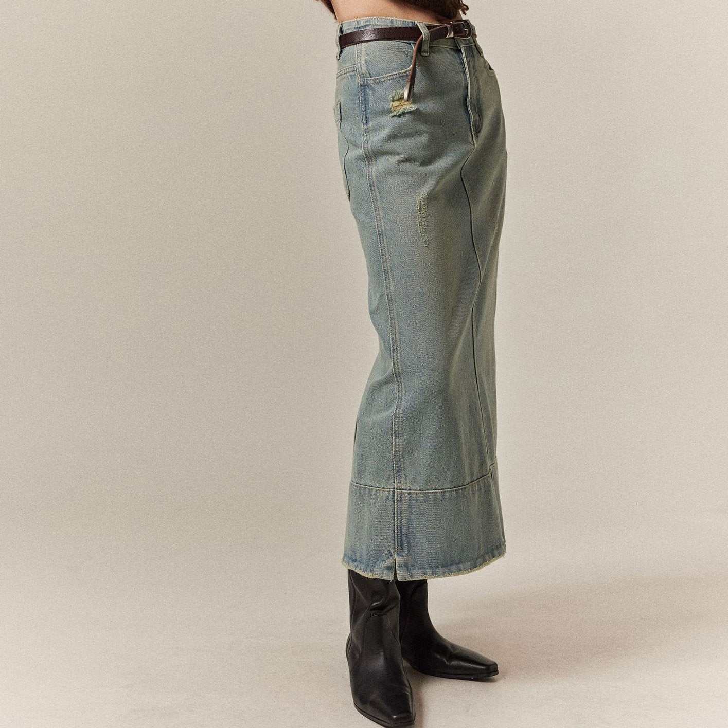 Mid-Length Denim Straight Skirt With Small Holes