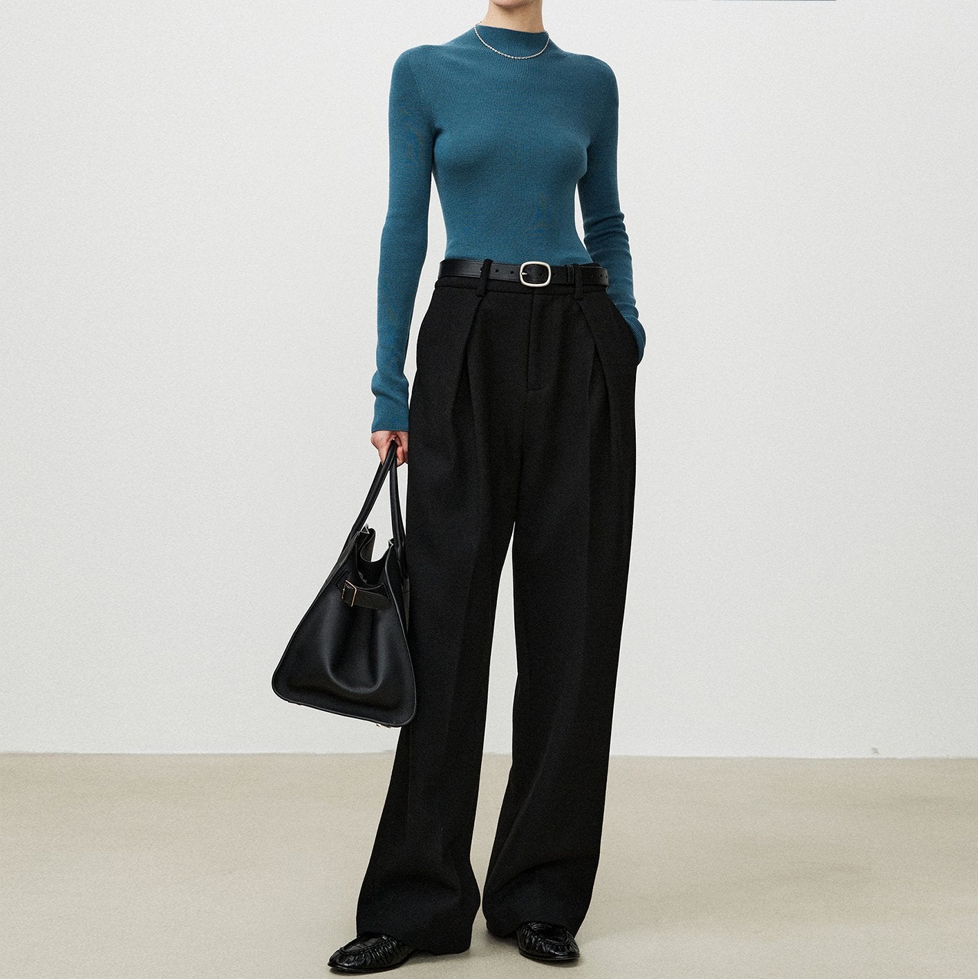 Herringbone High Waisted Wide Leg Pocket Straight Leg Pants