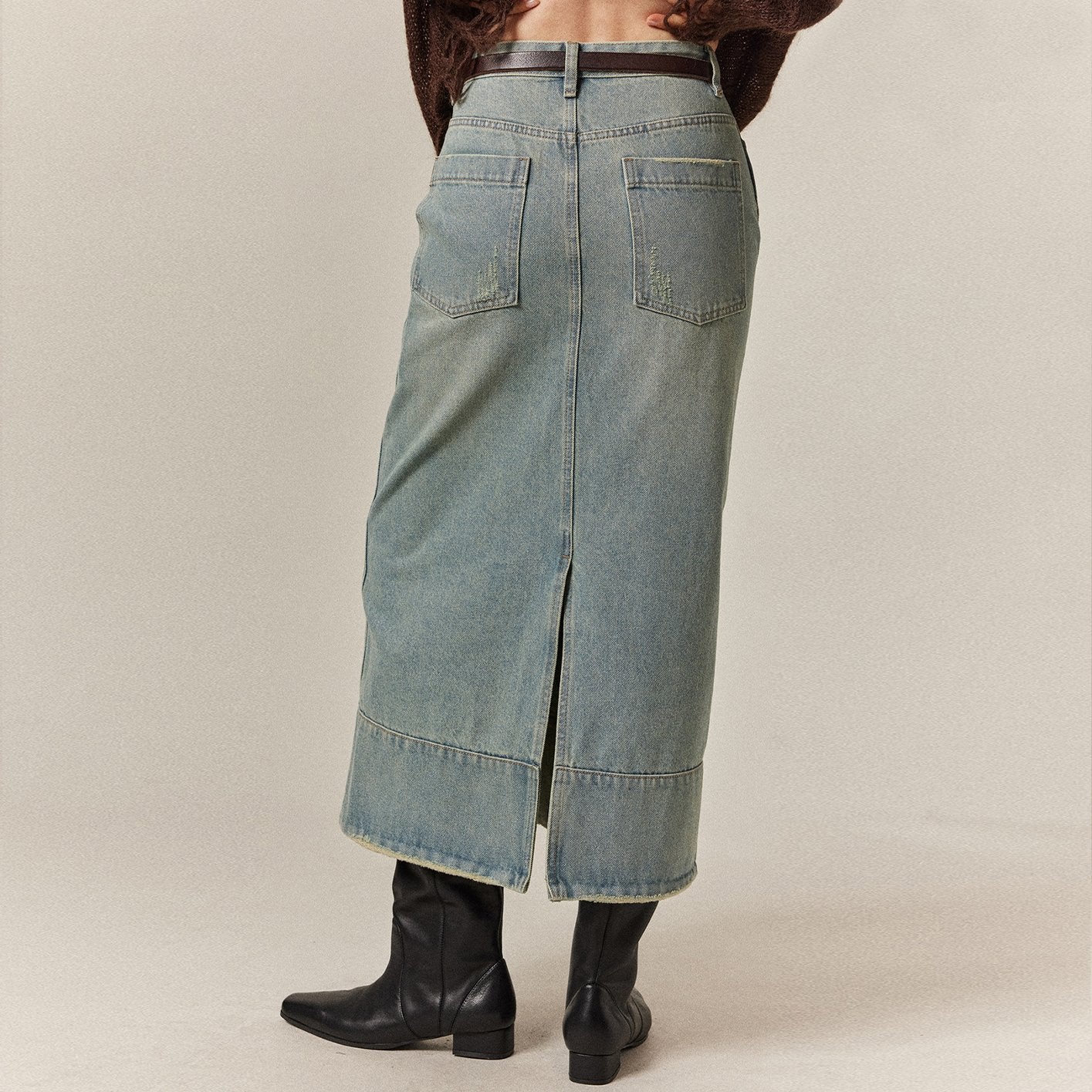 Mid-Length Denim Straight Skirt With Small Holes