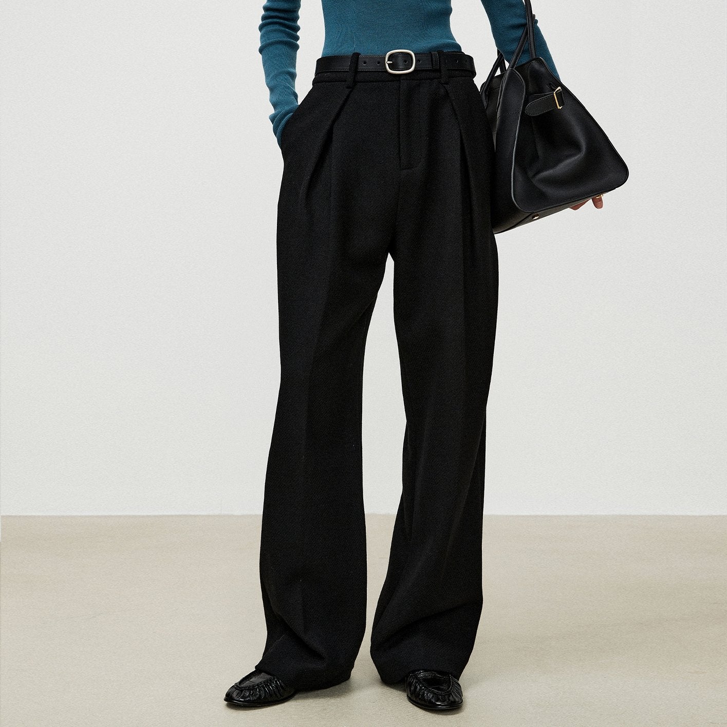 Herringbone High Waisted Wide Leg Pocket Straight Leg Pants