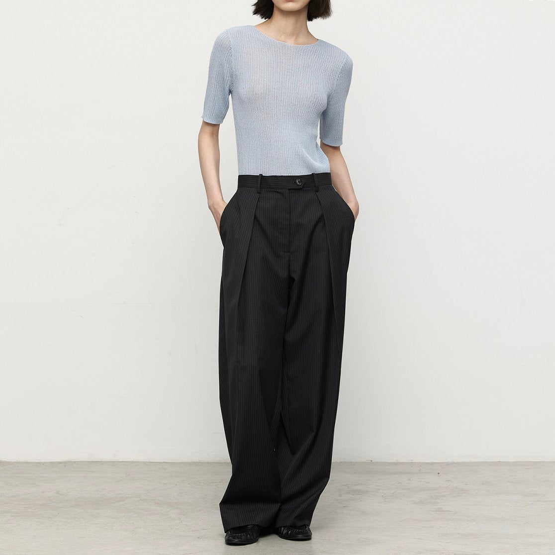 High Waisted Pocketed Striped Straight Leg Pants