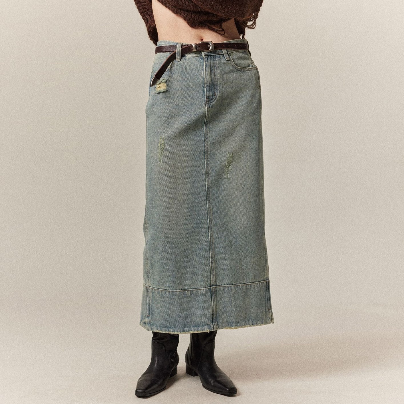 Mid-Length Denim Straight Skirt With Small Holes