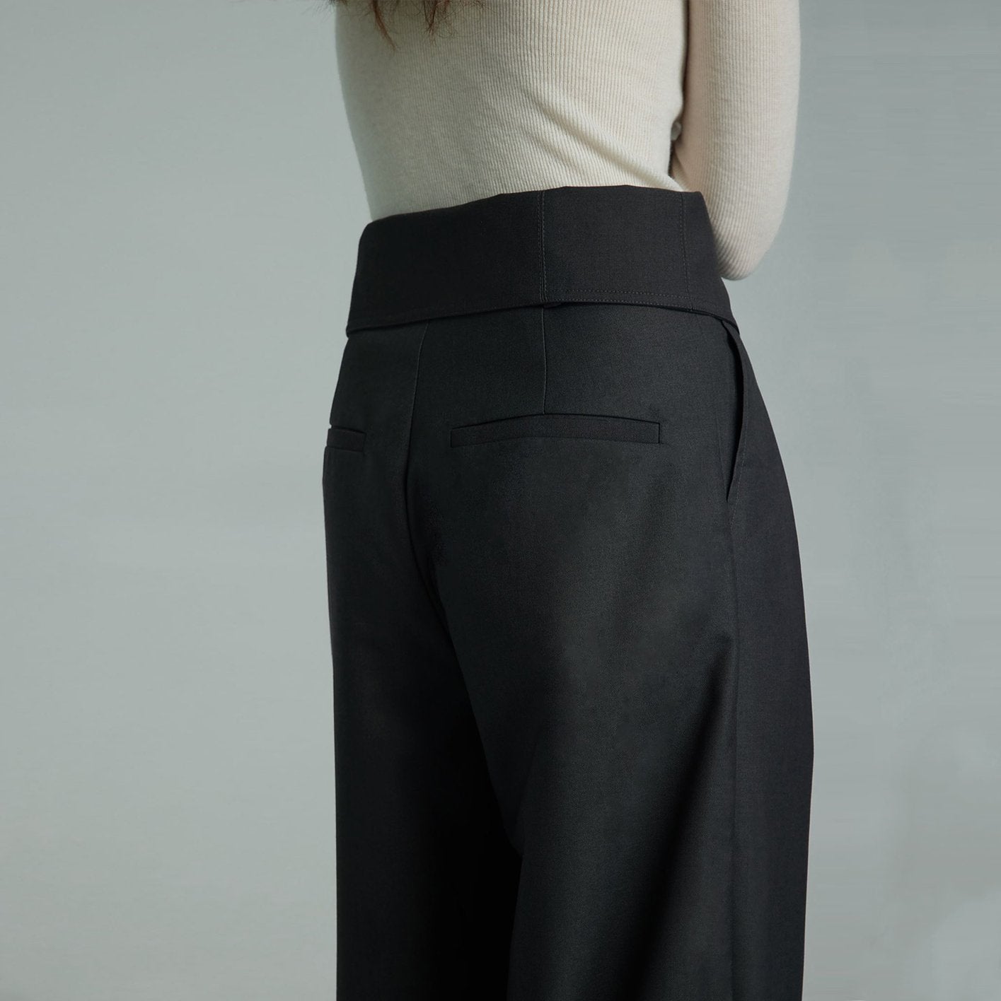 Solid Color High Waist Pocket Straight Leg Wide Leg Pants