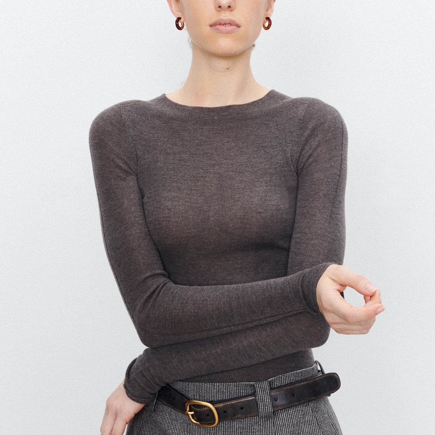 Solid Color Round Neck Long Sleeve Knit Bottom Shirt