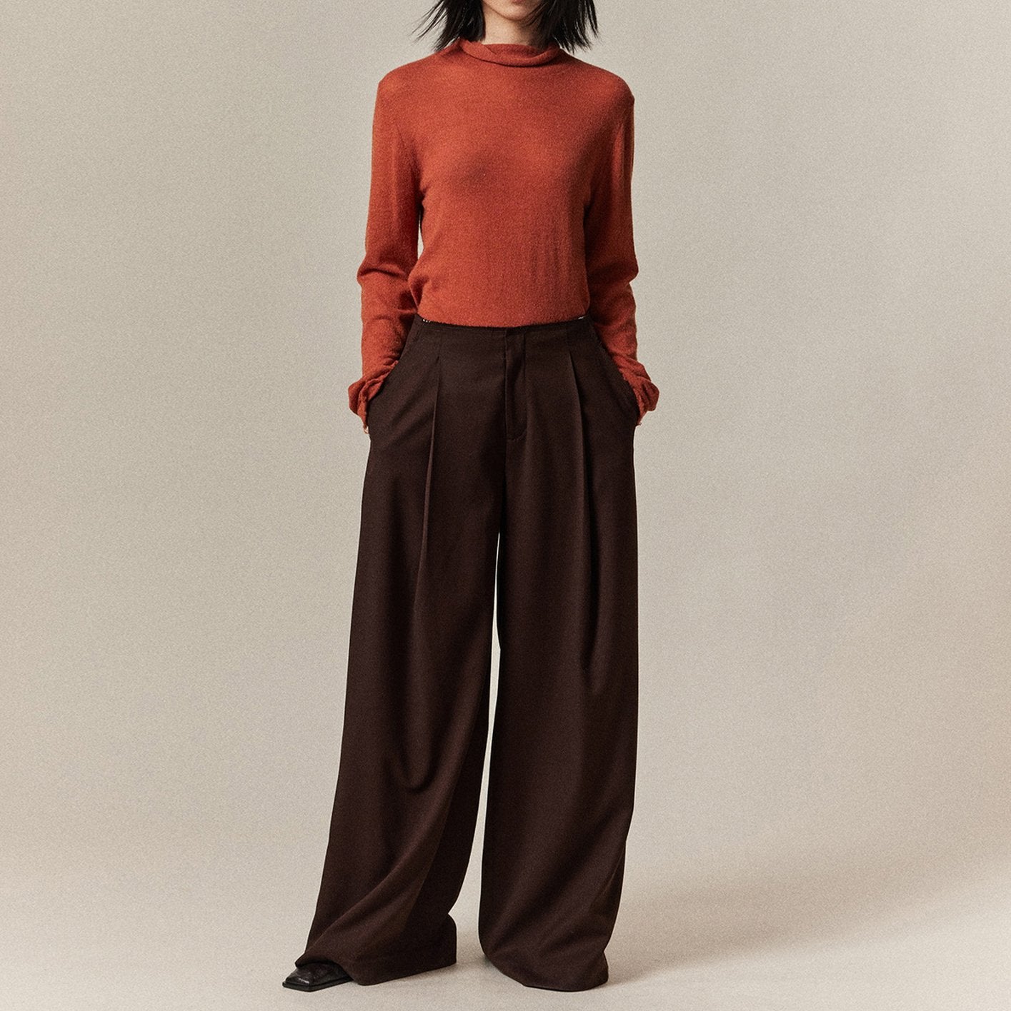 Solid Color Pocket Raw Edge Straight Leg Wide Leg Pants