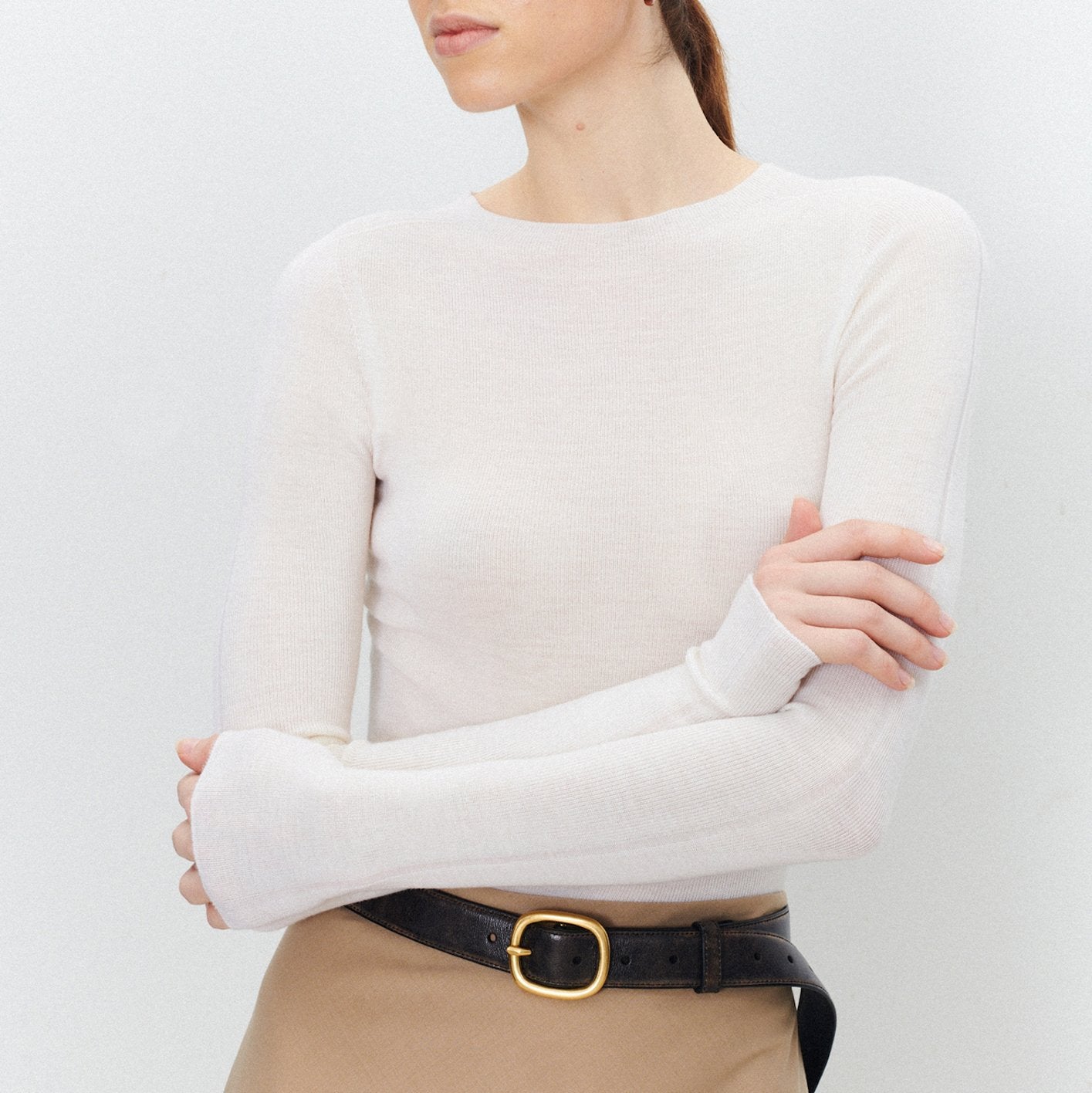 Solid Color Round Neck Long Sleeve Knit Bottom Shirt