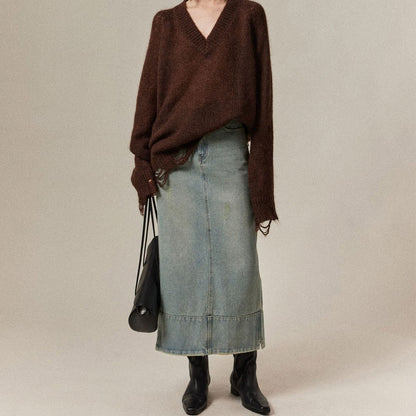 Mid-Length Denim Straight Skirt With Small Holes