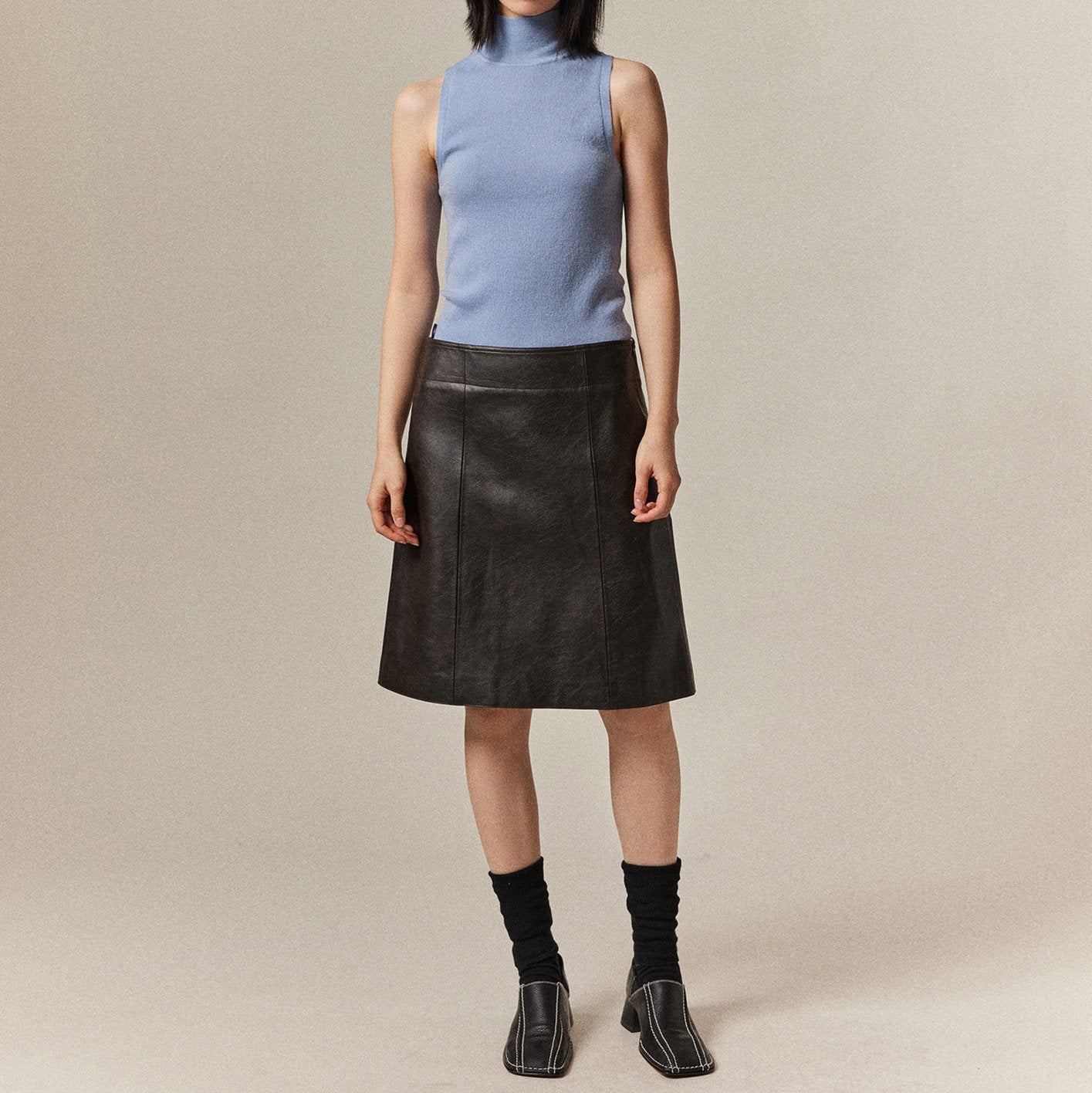 Midi A-line Leather Short Half Skirt