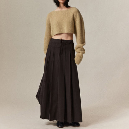 Solid Color Pleated Raw Edge Hem Long Skirt