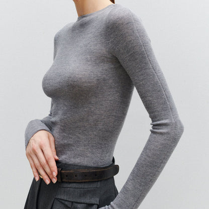 Solid Color Round Neck Long Sleeve Knit Bottom Shirt