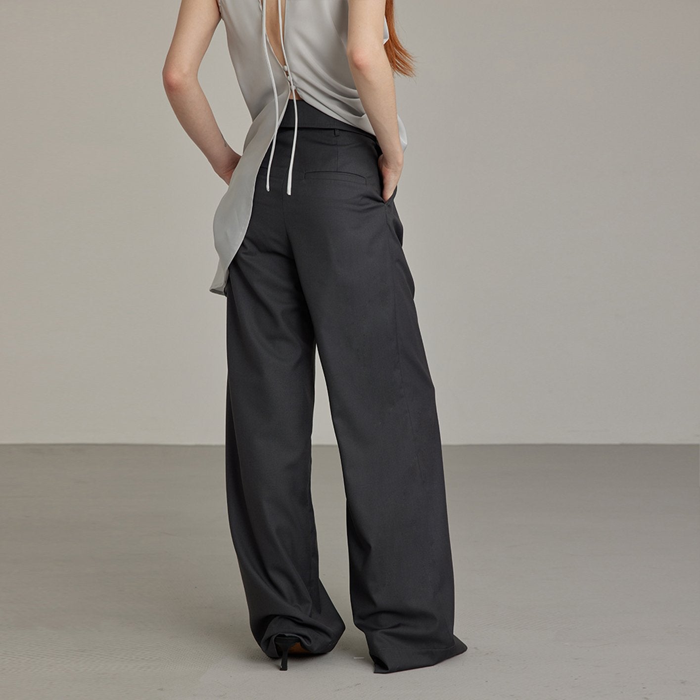 Solid Color High Waist Pocket Straight Leg Wide Leg Pants