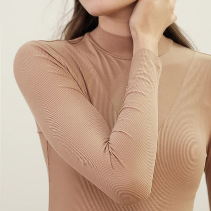 Solid Color Patchwork Half High Neck Long Sleeve Top