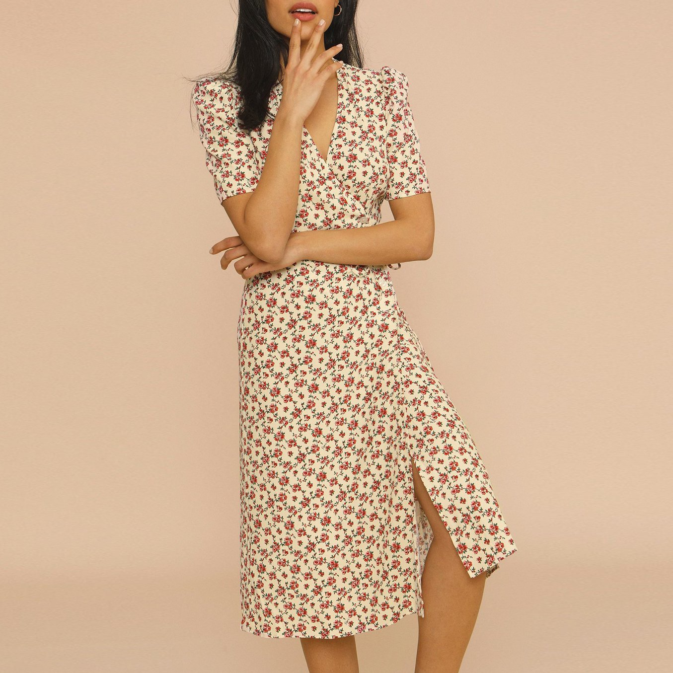 V-Neck Printed Floral Slash A-Line Dress