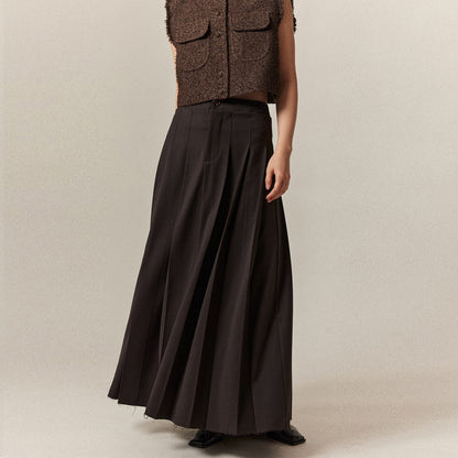 Solid Color Pleated Raw Edge Hem Long Skirt