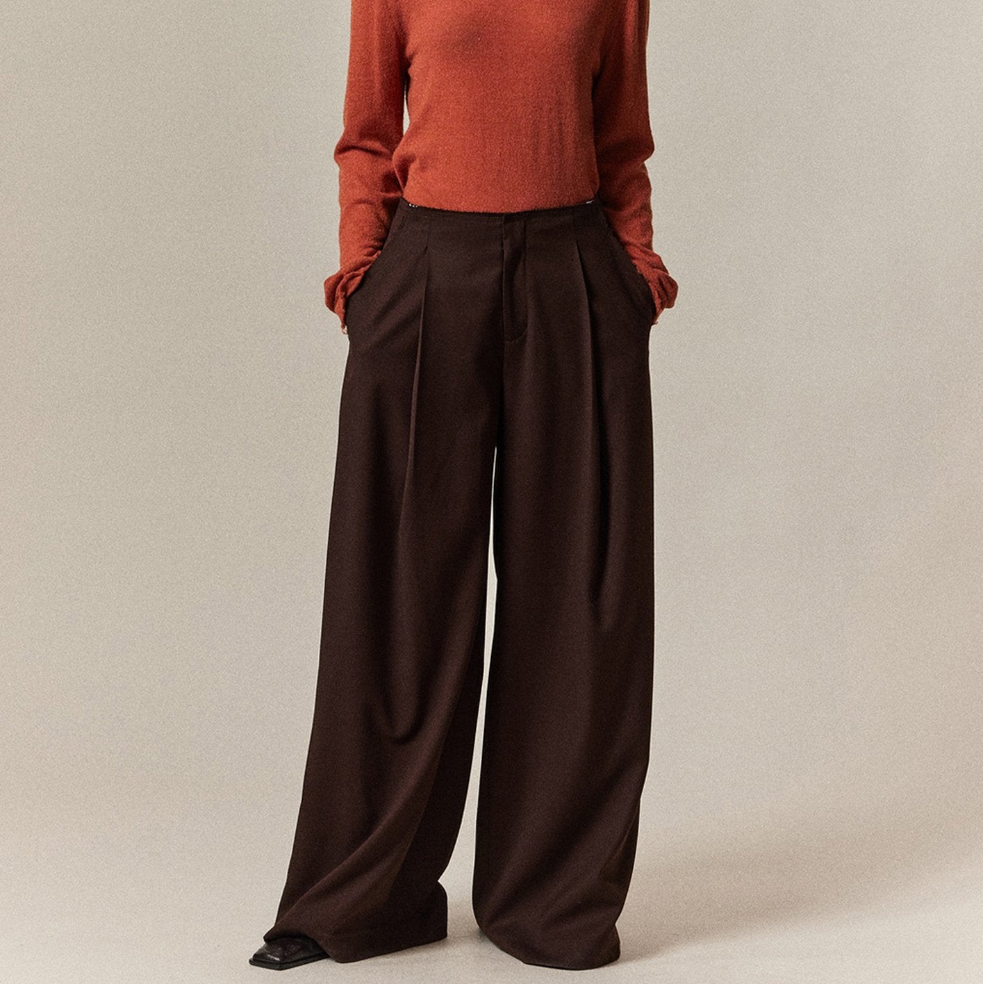 Solid Color Pocket Raw Edge Straight Leg Wide Leg Pants