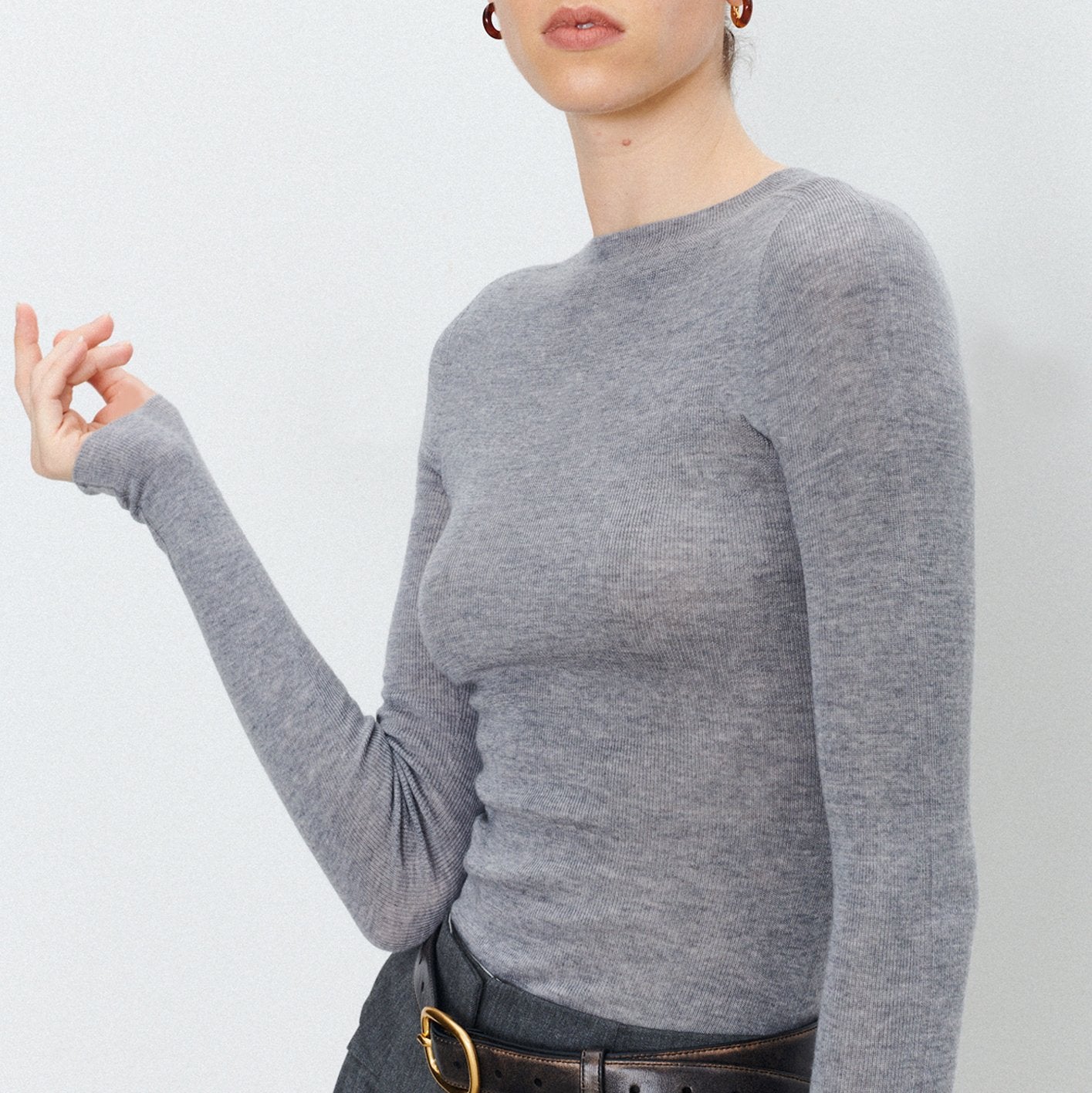 Solid Color Round Neck Long Sleeve Knit Bottom Shirt