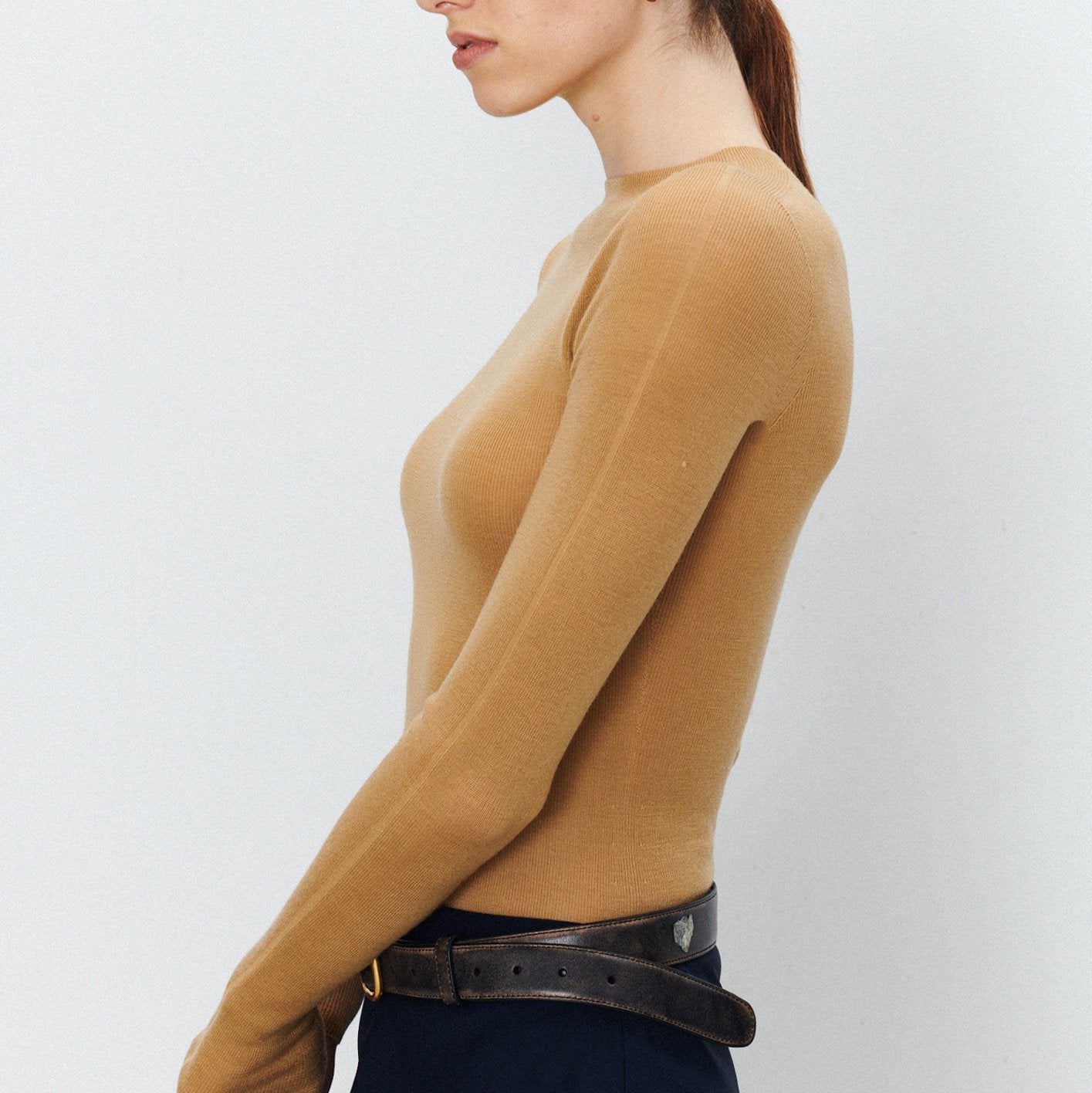 Solid Color Round Neck Long Sleeve Knit Bottom Shirt