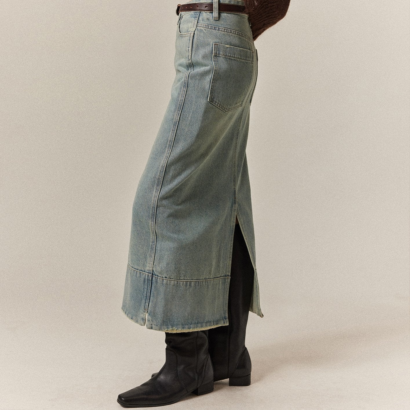 Mid-Length Denim Straight Skirt With Small Holes