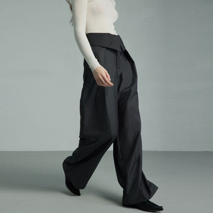 Solid Color High Waist Pocket Straight Leg Wide Leg Pants