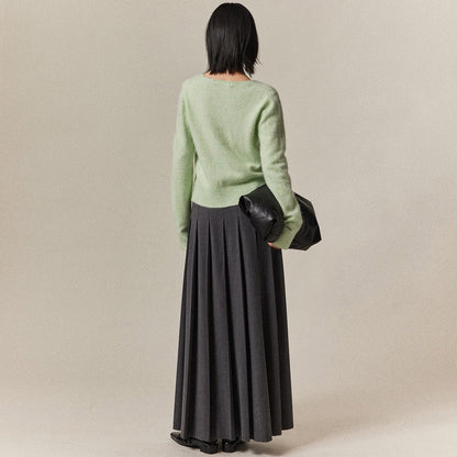 Solid Color Pleated Raw Edge Hem Long Skirt