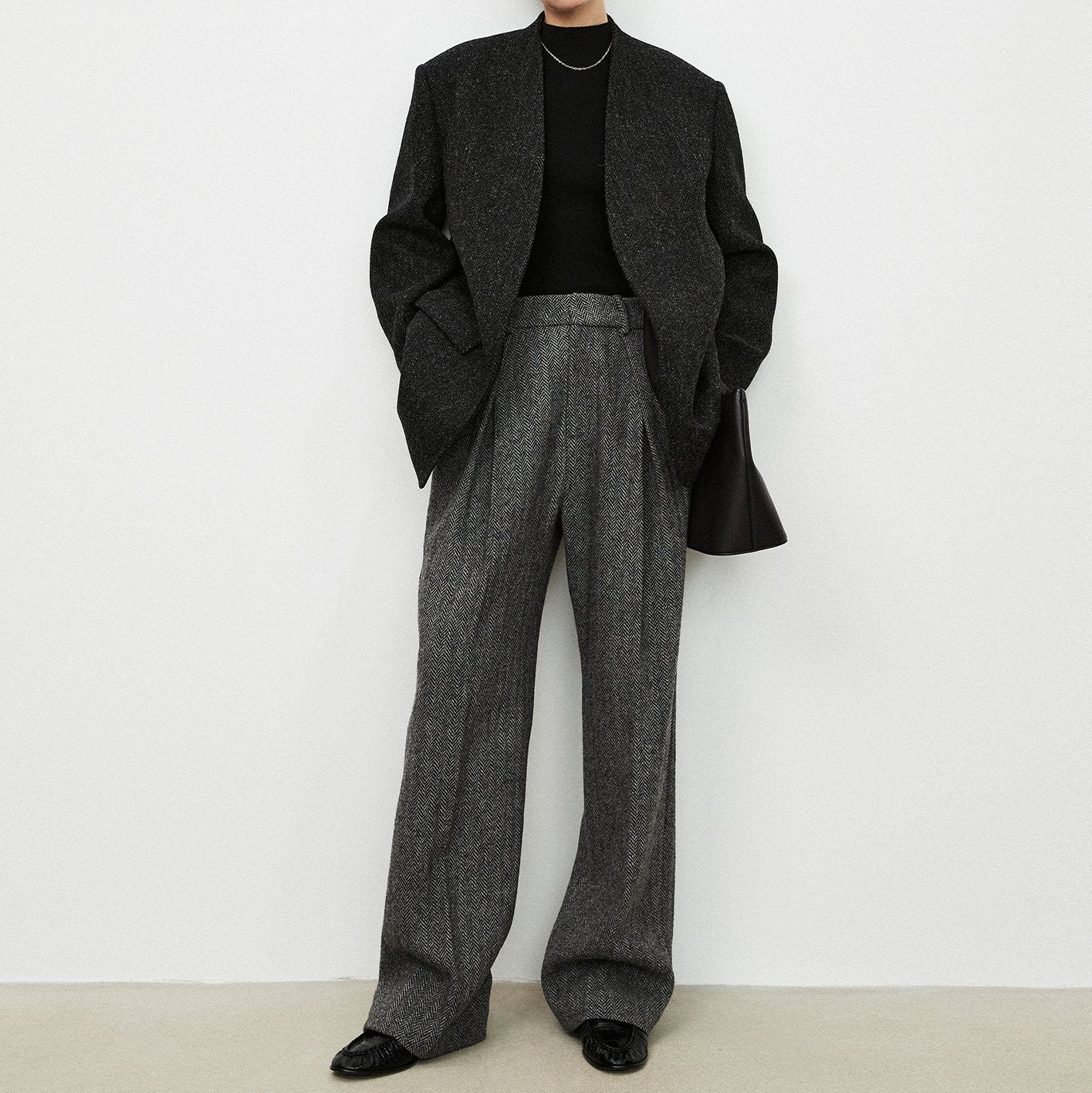 Herringbone High Waisted Wide Leg Pocket Straight Leg Pants