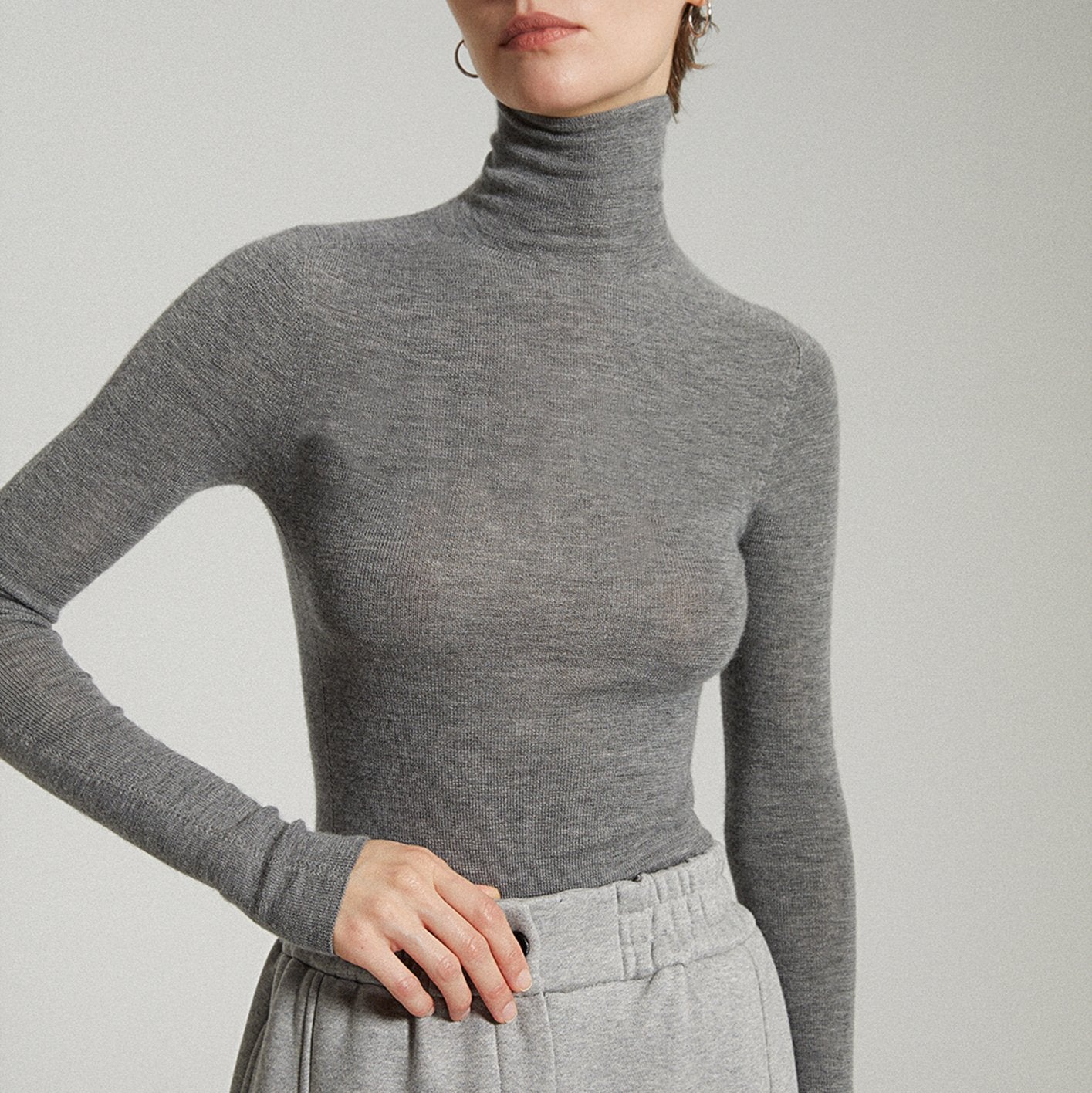 Solid Color High Neck Knit Long Sleeve Top