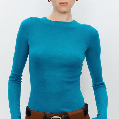 Solid Color Round Neck Long Sleeve Knit Bottom Shirt