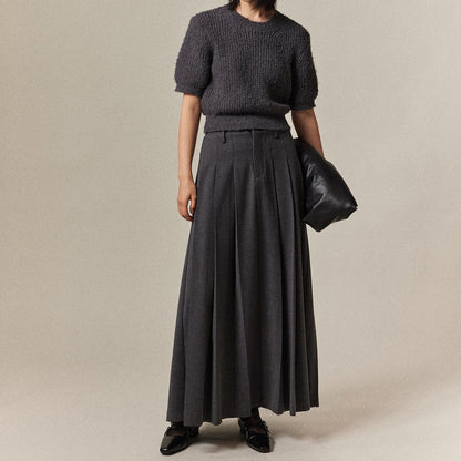 Solid Color Pleated Raw Edge Hem Long Skirt