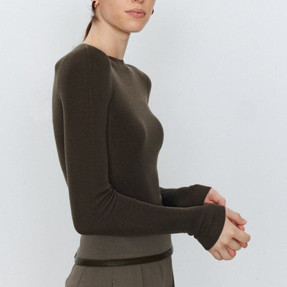 Solid Color Round Neck Long Sleeve Knit Bottom Shirt