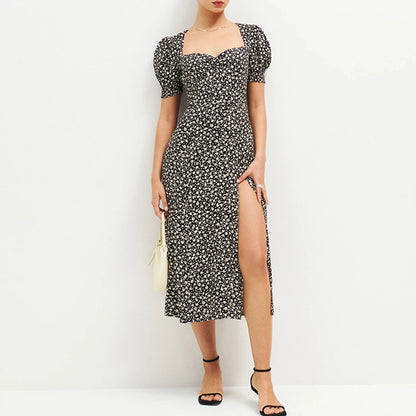 Printed Square Neck Split Dress