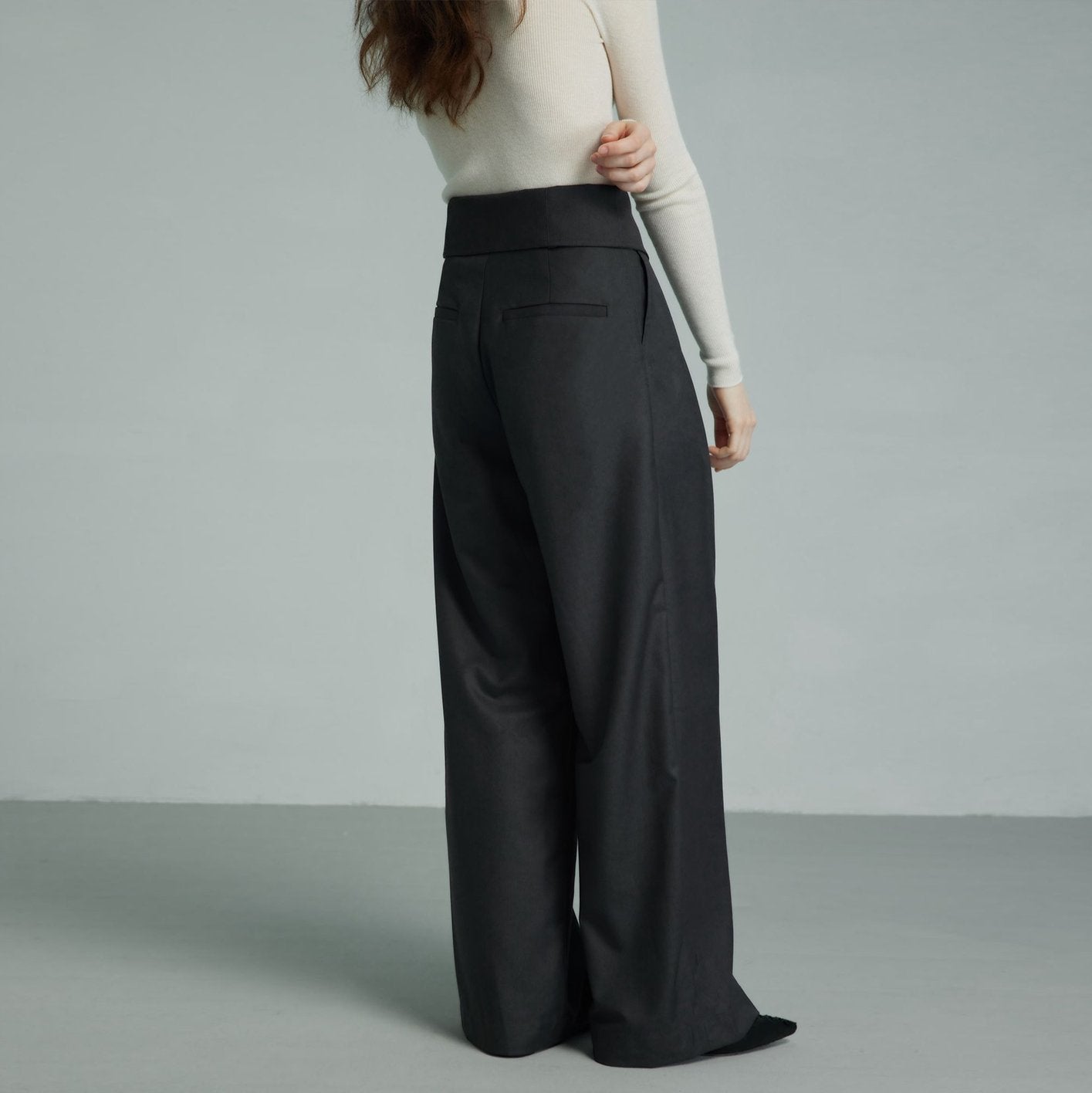 Solid Color High Waist Pocket Straight Leg Wide Leg Pants