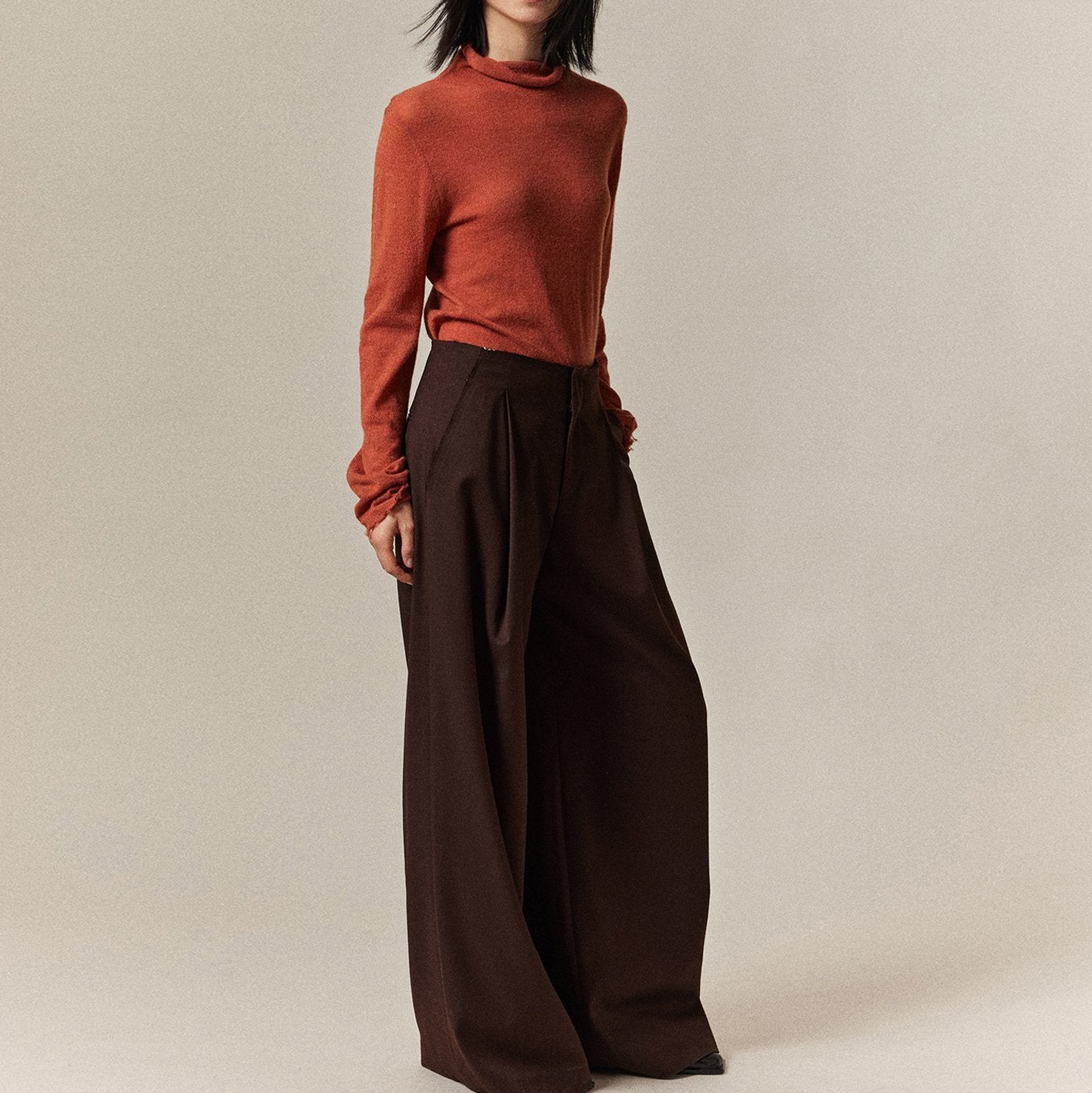 Solid Color Pocket Raw Edge Straight Leg Wide Leg Pants