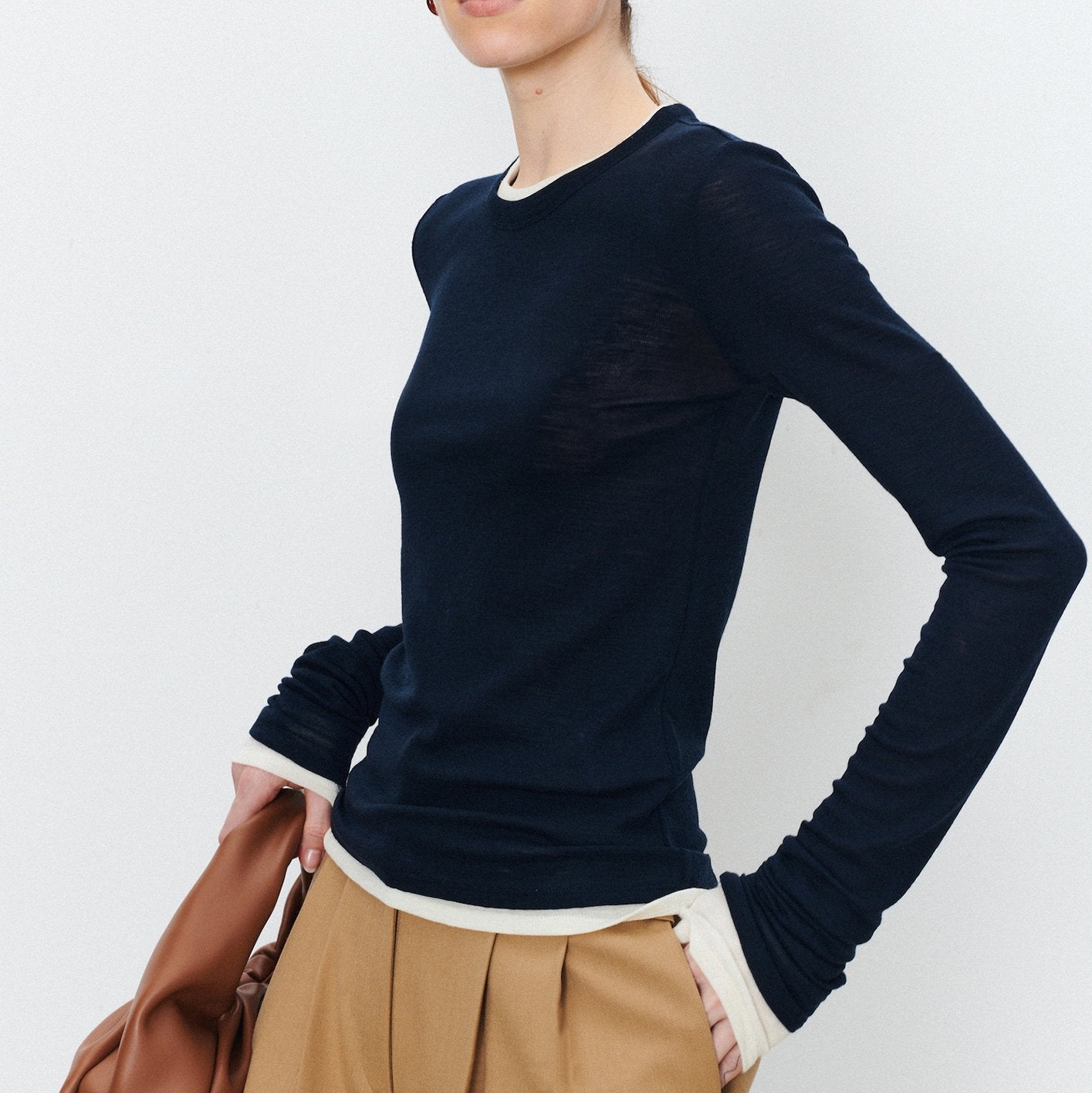 Round Neck Color Clash Long Sleeve Top