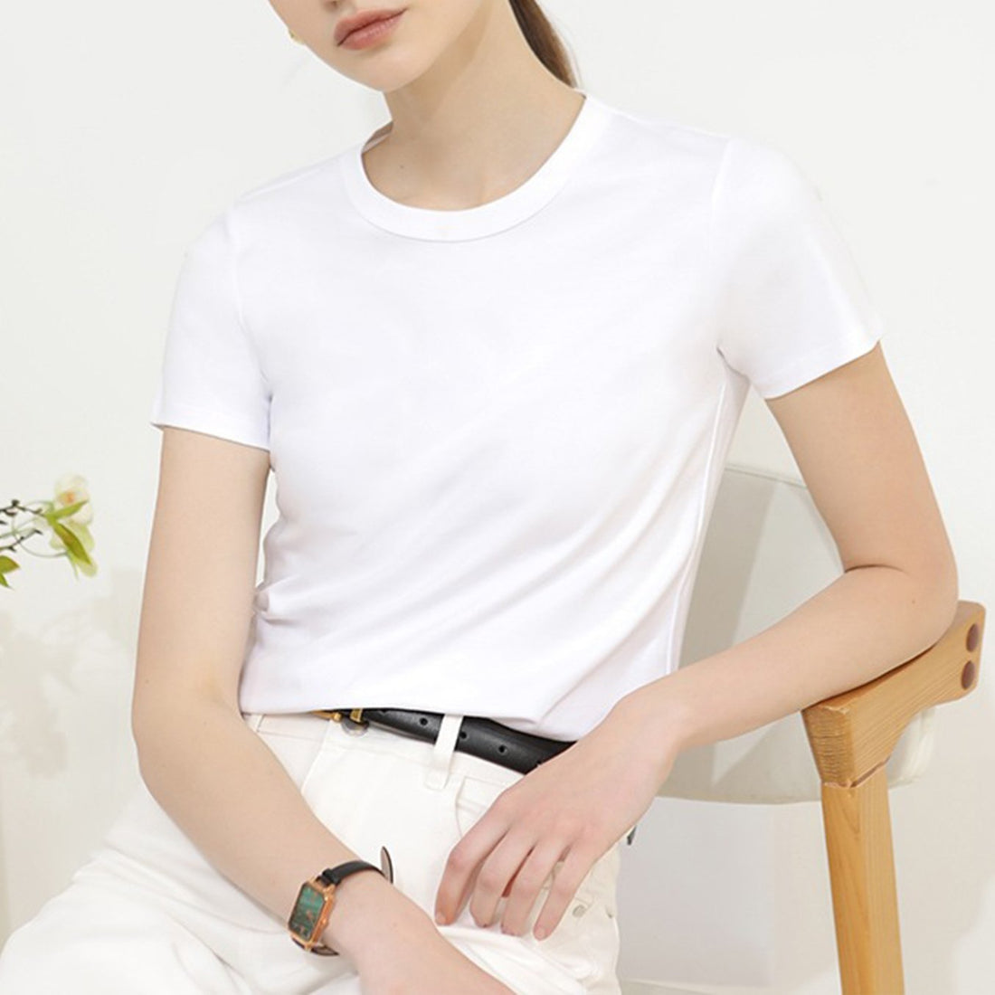 Solid Color Round Neck Short Sleeve Top