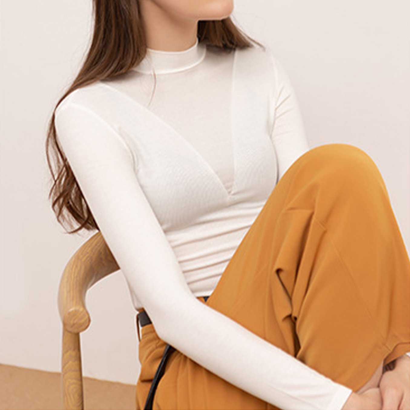 Solid Color Patchwork Half High Neck Long Sleeve Top