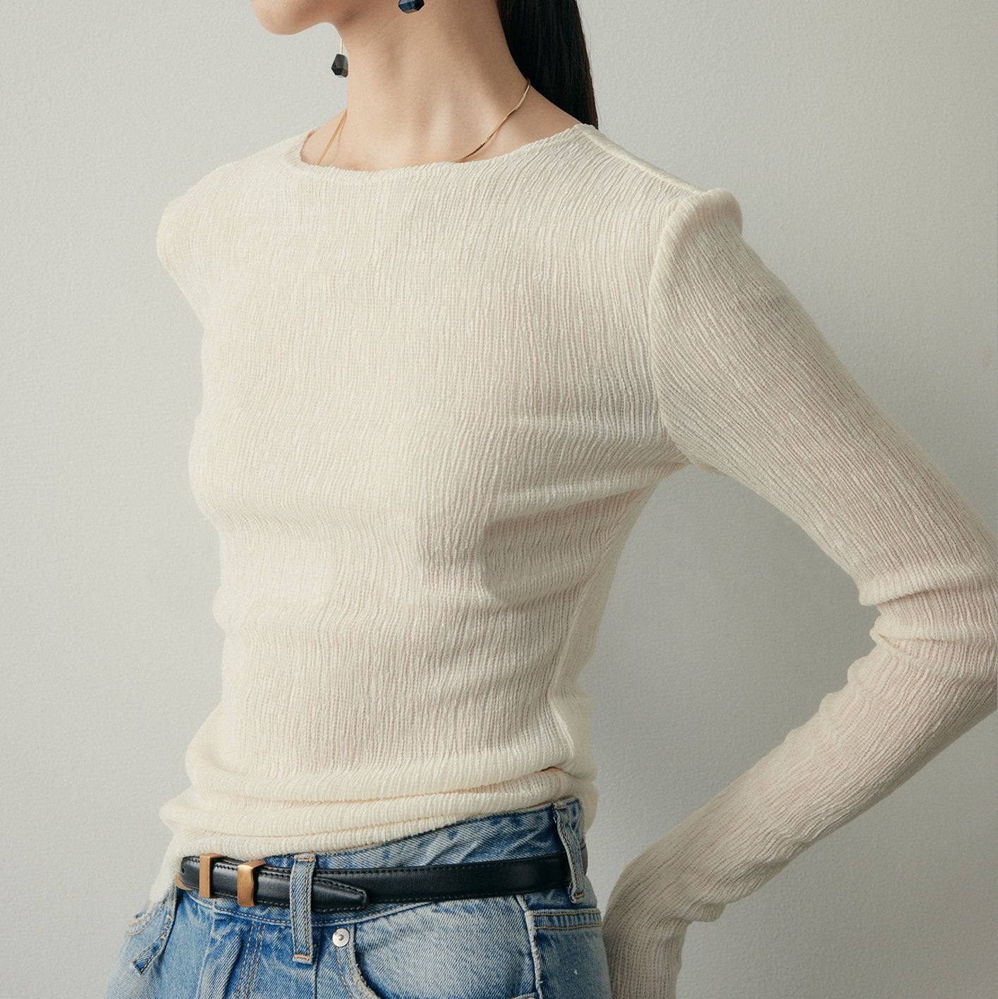 Round Neck Bubble Crinkle Long Sleeve Long Top