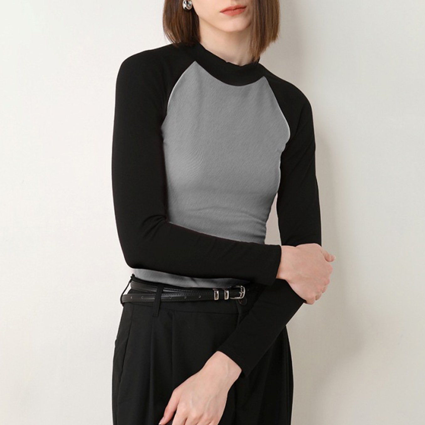 Half High Neck Color Block Long Sleeve Top