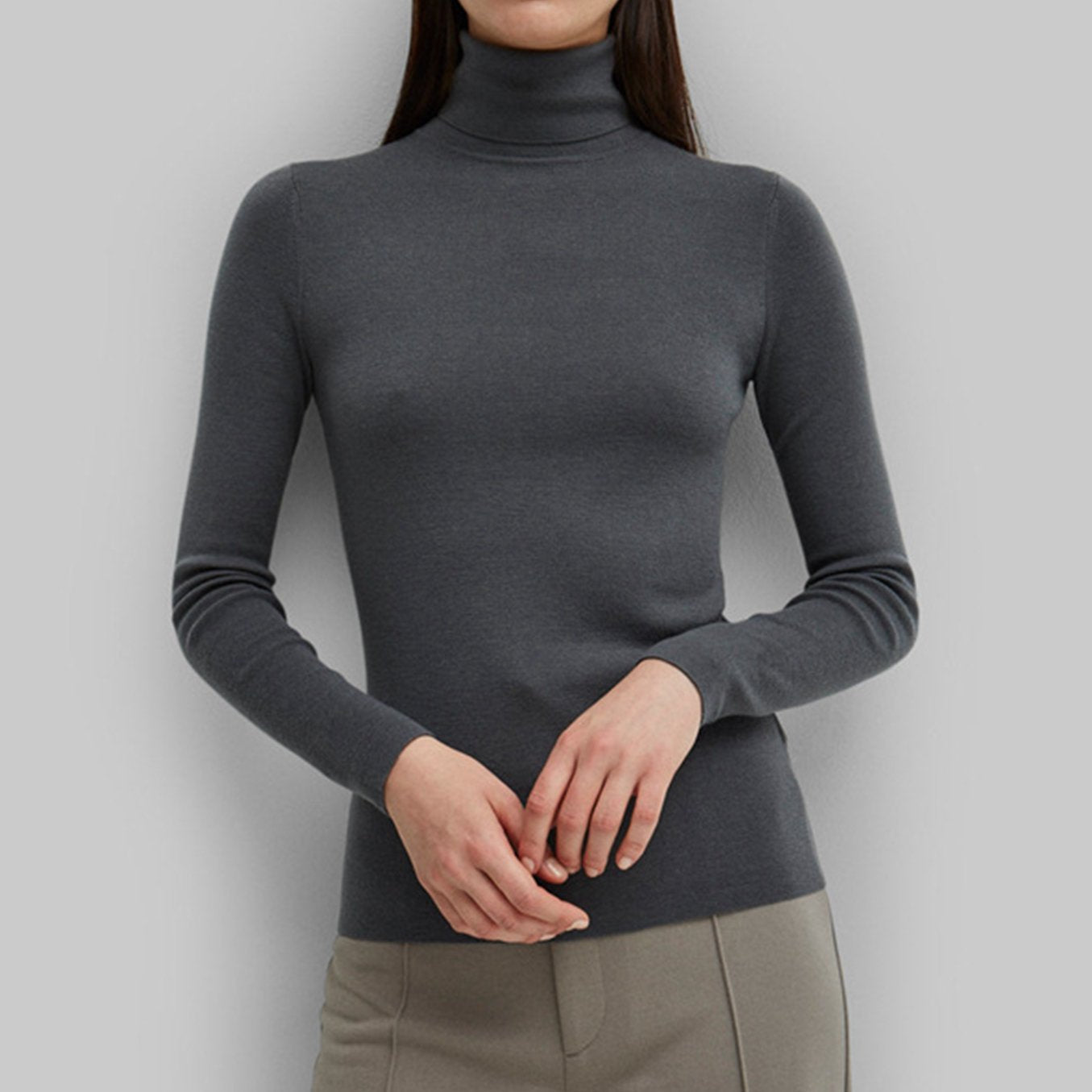 Solid Color High Neck Pullover Long Sleeve Top