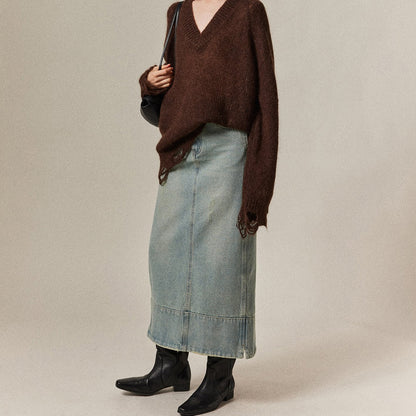 Mid-Length Denim Straight Skirt With Small Holes