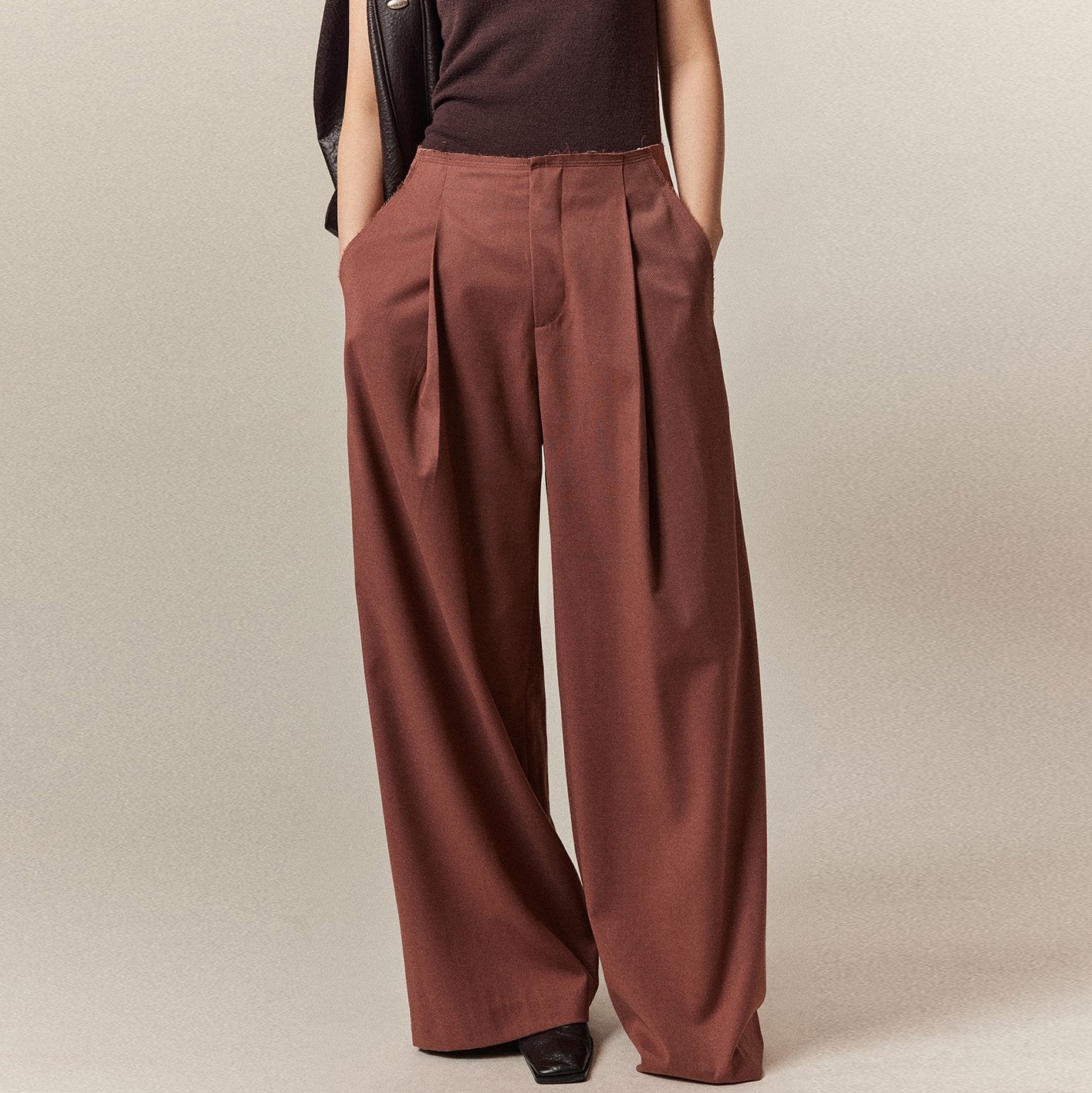 Solid Color Pocket Raw Edge Straight Leg Wide Leg Pants