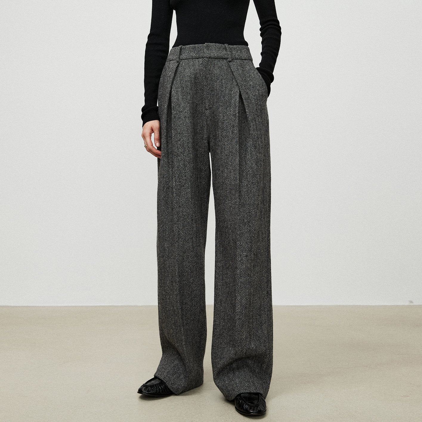 Herringbone High Waisted Wide Leg Pocket Straight Leg Pants