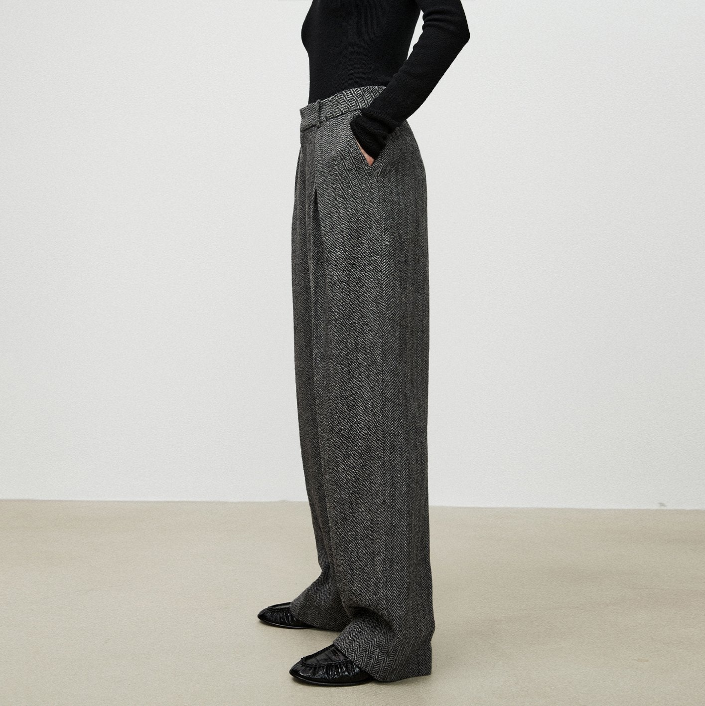 Herringbone High Waisted Wide Leg Pocket Straight Leg Pants